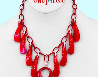 Red Bakelite Bib Statement Necklace with Celluloid Chain