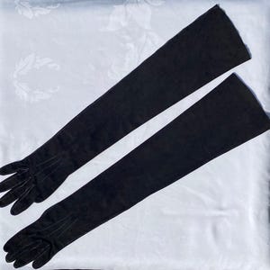 May include: A pair of long black opera gloves. The gloves are made of a smooth, soft fabric and have a classic, elegant design.