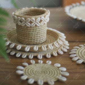 Handwoven Shell Placemats & Coasters, Natural Cowrie Shell Straw Mat, Boho Coastal Table Decor, Beach Wedding Setting
