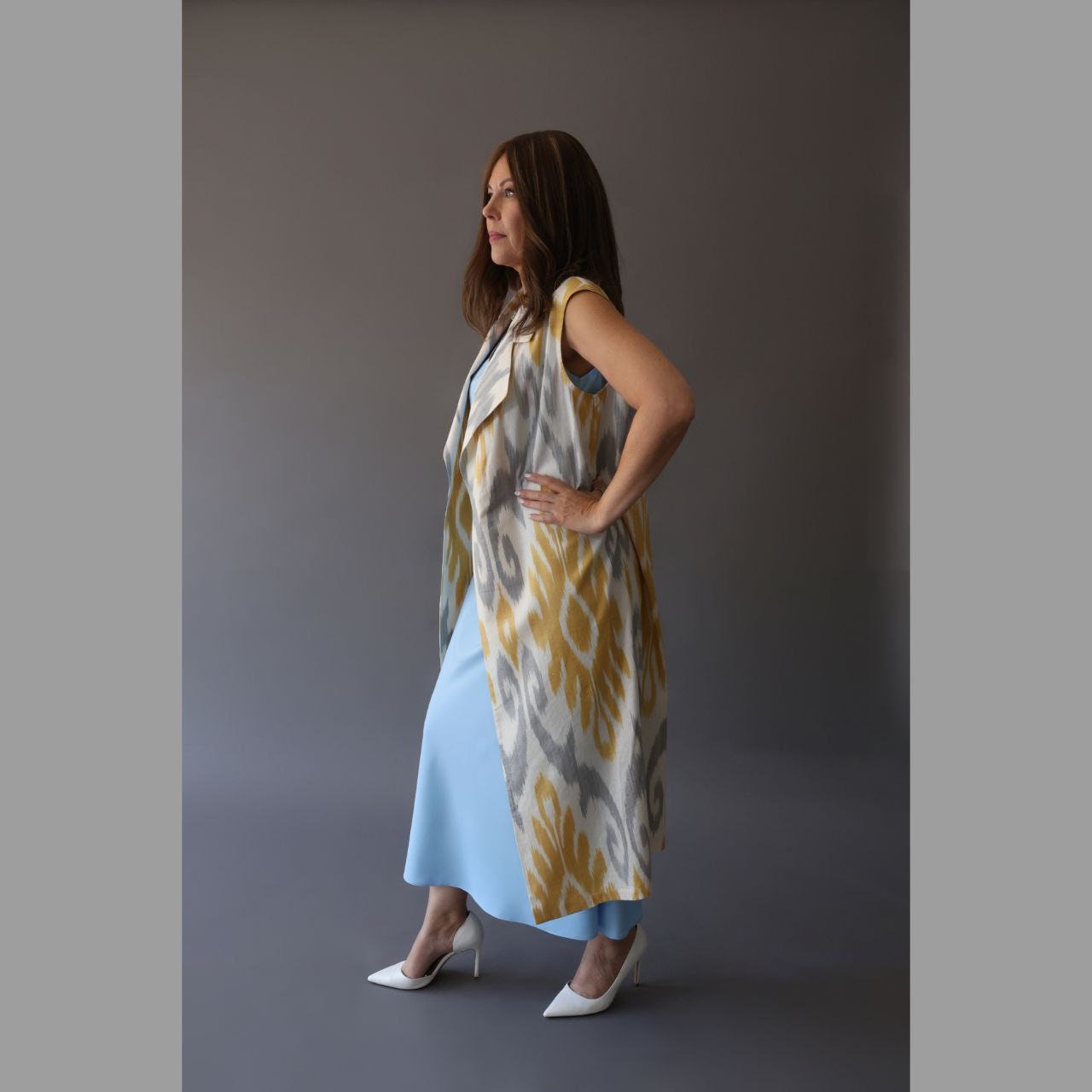 Red and White Ikat Vest with fringes