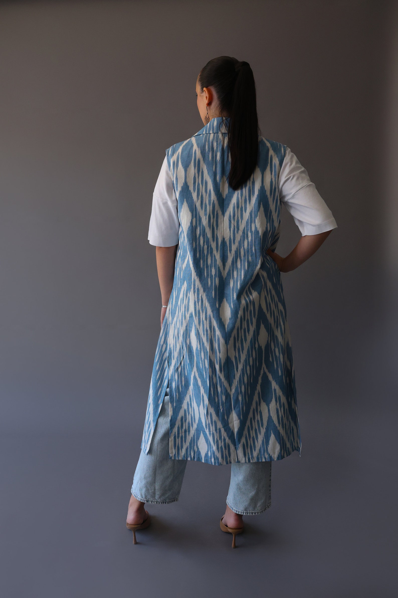 Brown Stripe Asymmetric Fringe  Ikat Vest