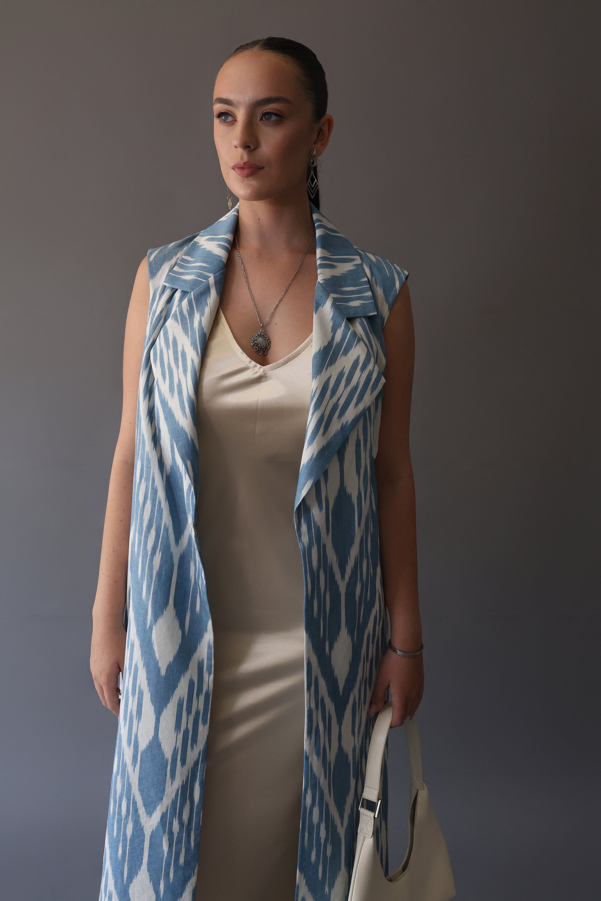 Blue Vest overlay Ikat List with Belt