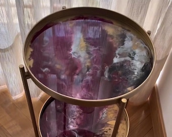 Gouden tweelaagse bijzettafel harskunst - modern paars wervelend decor, handgemaakte epoxy-accenttafel voor woonkamer