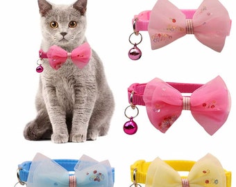 Handmade Pet Bow Bell Collar Cat & Dog Adjustable Collar Pet, Dog Collar with Bell, Puppy Collar with Removable Bowtie for Small Dogs Cats