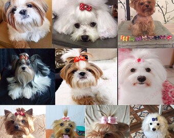 10 Pcs Dog Handmade Bows Cute Dog Puppy Girl Dog Small Dog Bows Bowknot Puppy Bows with Strong Rubber Band &  Rhinestone Pearls for Pet Hair