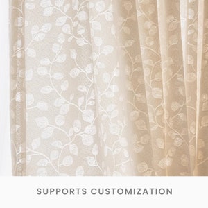 May include: White sheer curtains with a delicate leaf pattern. The curtains are gathered at the top and hang in soft folds. The text "SUPPORTS CUSTOMIZATION" is printed at the bottom of the image.