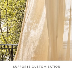 May include: Pale beige sheer curtains billowing in the breeze, with a blurred backdrop of green leaves and a wrought iron railing. The text "SUPPORTS CUSTOMIZATION" is at the bottom of the image.