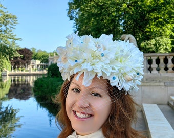 Sokolydesign Hat Oceanside Beach State Park Wedding Bride Ascot Kentucky Derby Flower Crown Tiara Turban Dahlia Crystals Goddess Shell