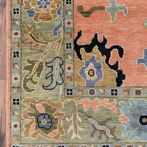 Handmade Turkish Oushak Rug 9x12 | Vintage Style Area Rug | Orange & Green Wool Rug 8x10, 10x14, 12x15, 12x18 | Oriental Floral Pattern 5x7
