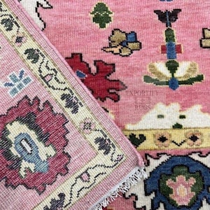 Hand-Knotted Wool Oushak Rug 8x10: Pink Tribal Floral, Boho Turkish Style