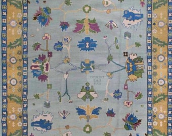 10x14 Light Blue Oushak Rug | Handmade Wool Oriental Carpet | Vintage Floral Boho Area Rug | Turkish Farmhouse Living Room Decor 8x10, 9x12