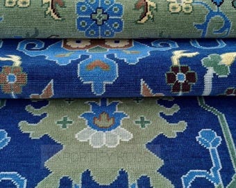 Alfombra Oushak azul anudada a mano de 23 x 30 x 35 cm, estilo turco, de lana, con estampado floral tradicional, ideal para decorar el suelo de la sala de estar o el dormitorio, de 20 x 25 cm.