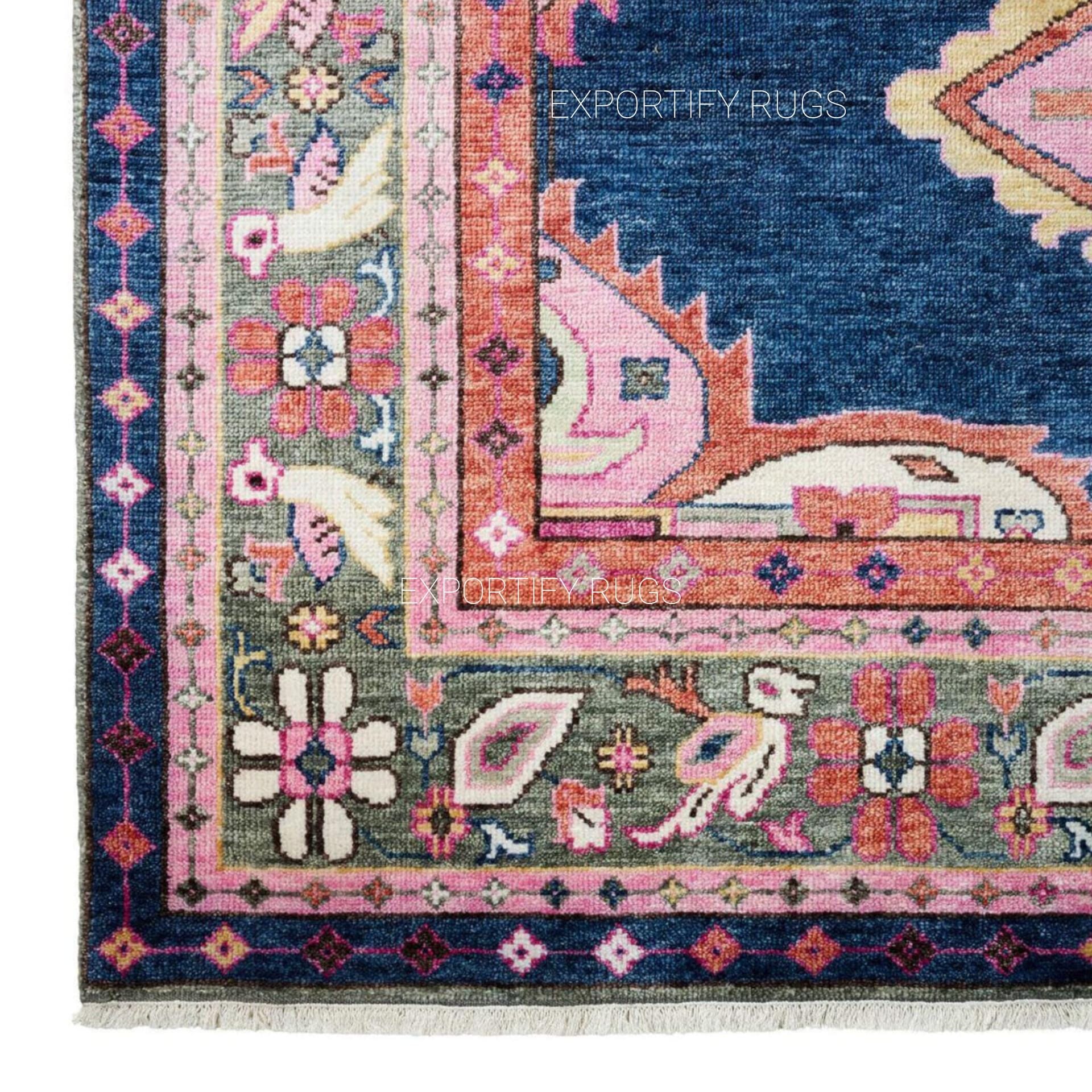 Exquisite Turkish Blue & Pink Handknotted Wool Rug – Oriental Area Rug | Custom Sizes 5x7 6x9 8x10 9x12 10x14 12x15 | Bedroom Kitchen Carpet