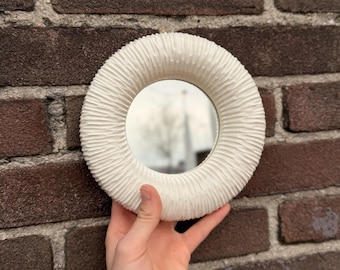 Small Round Ceramic Mirrors, Boho White Wall Art Mirror, Handmade Textured Mirror, Modern Bathroom Decor
