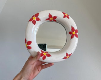 Handmade Ceramic Floral Round Mirror, Small Boho Wall Decor, Custom Funky Mirror, Romantic Flower Wall Mirror, Artistic Bohemian Room Decor