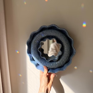 Blue Ceramic Flower Mirror, Handmade Pottery Decor, Floral Wall Art, Eclectic Bathroom Mirror