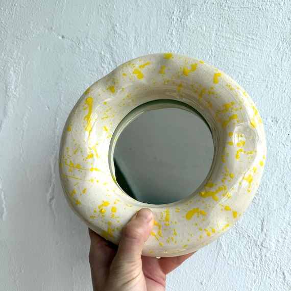 Round Wall Mirror in Ceramic Frame for Housewarming Gift, Bathroom Boho Ceramic Wall Decor, Decorative Mirror, Bohemian Clay Mirror