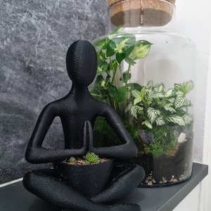 Puede incluir: Un macetero de forma humana impreso en 3D de color negro con una pequeña planta suculenta en su interior. El macetero está colocado en un estante junto a un terrario de vidrio con plantas verdes.