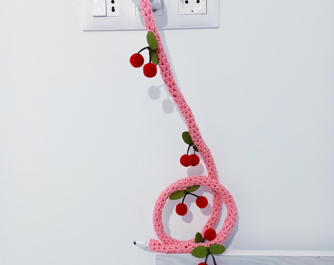 Crochet Phone Charger tube with cherry, 1m, Phone cable cover, Cord Cover, Cable Sleeve, Cord Organizer crochet sleeve for phone