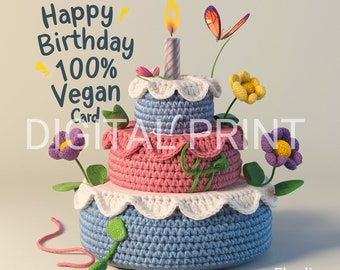 Digital print on vegan birthday card, Digital happy birthday, Last minute card