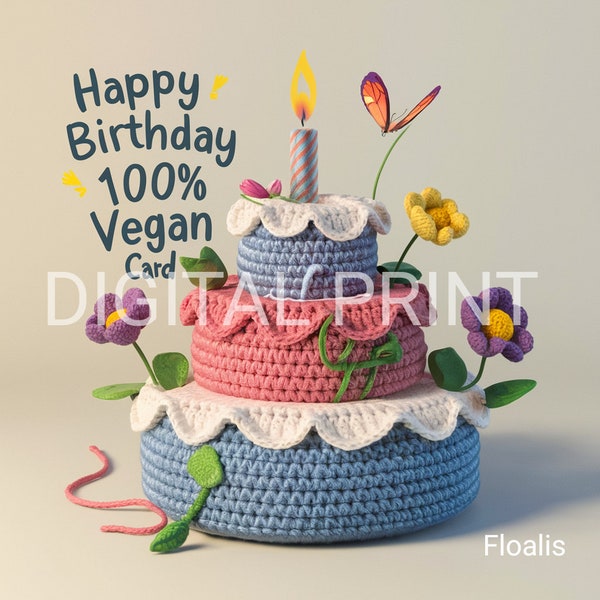 Digital print on vegan birthday card, Digital happy birthday, Last minute card