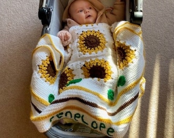 Personalised sunflower baby blanket crochet pattern