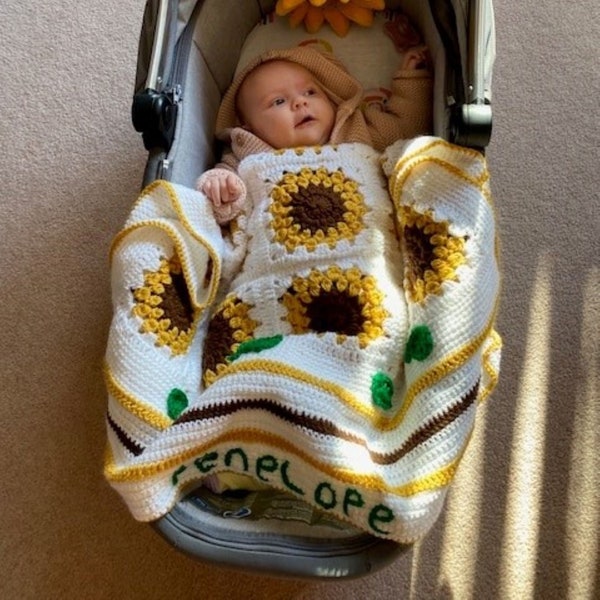 Personalised sunflower baby blanket crochet pattern