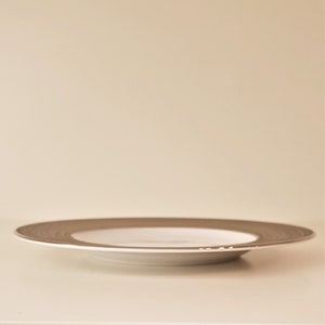 Peut inclure: Une assiette en céramique blanche avec un bord brun et un motif décoratif. L'assiette est vide et prête à être utilisée.
