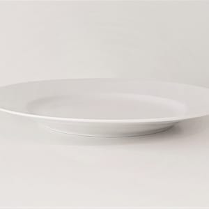 May include: A white ceramic dinner plate with a slightly raised rim.