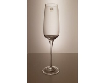 May include: A clear glass champagne flute with a long stem and a round base.