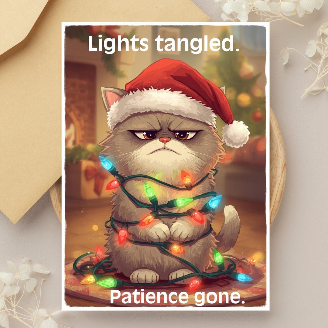 Funny Cat Christmas Card Printable | Grumpy Cat in Santa Hat | Digital ...