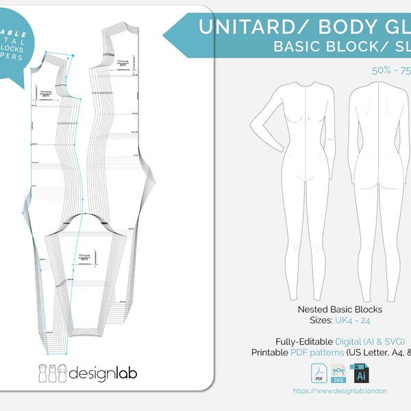 Unitard/ Body Glove Basic Block Sloper | UK4 - 24 | Ai, SVG & PDF | 50 - 75% Stretch