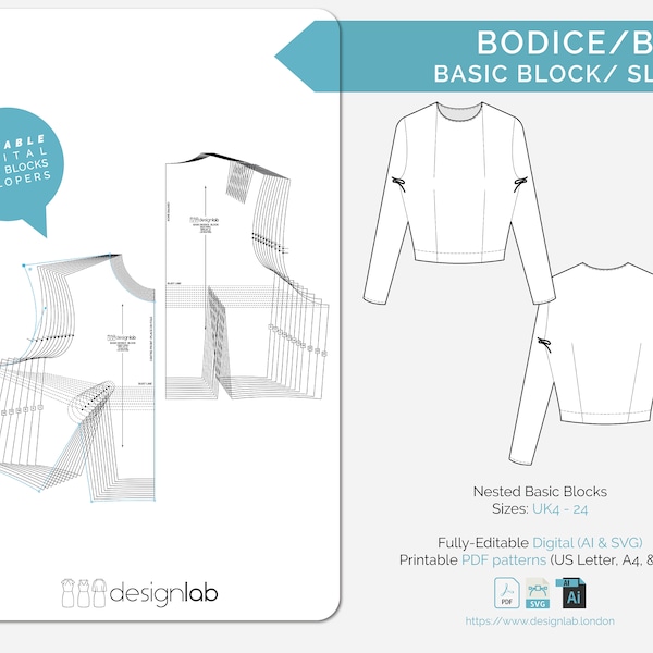 Bodice Basic Block Sloper | UK4 - 24 | Ai, SVG & PDF