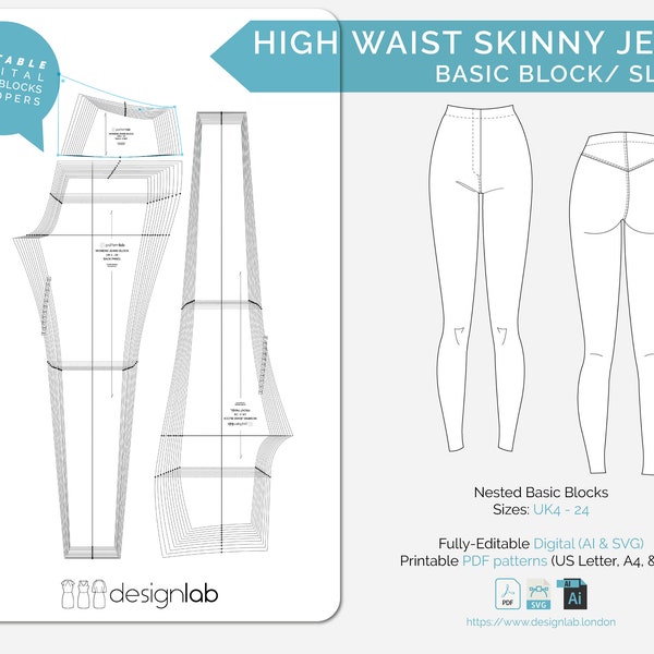 Skinny Jeans Basic Block Sloper - High Waist | UK 4 - 24 | Ai, SVG, PDF | 40 - 50% Stretch