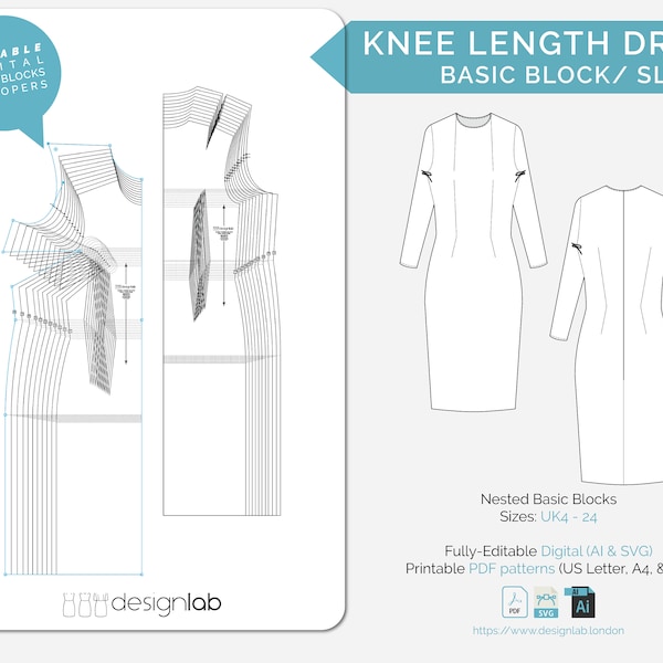 Dress Basic Block Sloper - Knee length | UK 4 - 24 | Ai, SVG & PDF