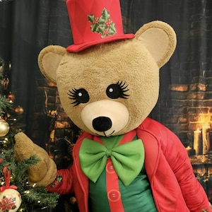 The Christmas Brown Bear with Jacket & Hat, Adult Mascot Costume, Party Mascot Costume, Event Mascot Costume, Birthday Party Costume, Luxury