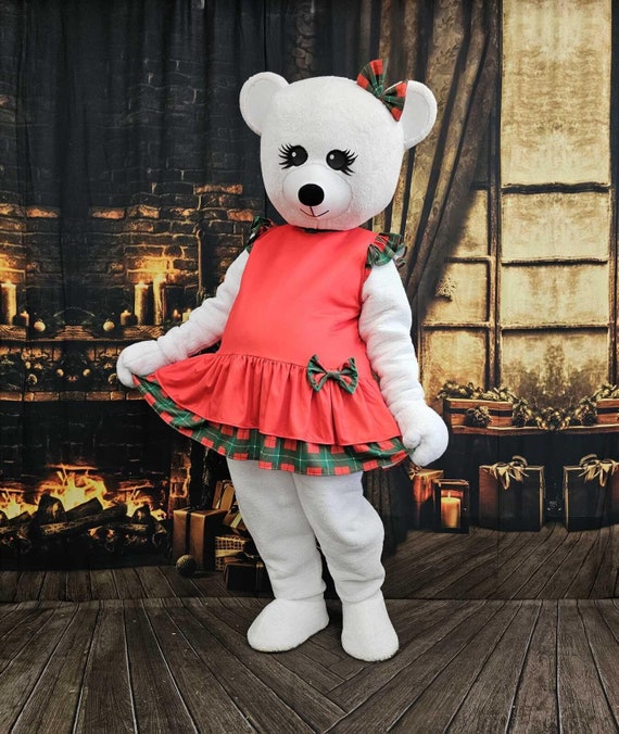 The White Ms Bear Christmas Red Dress, Adult Mascot Costume, Party
