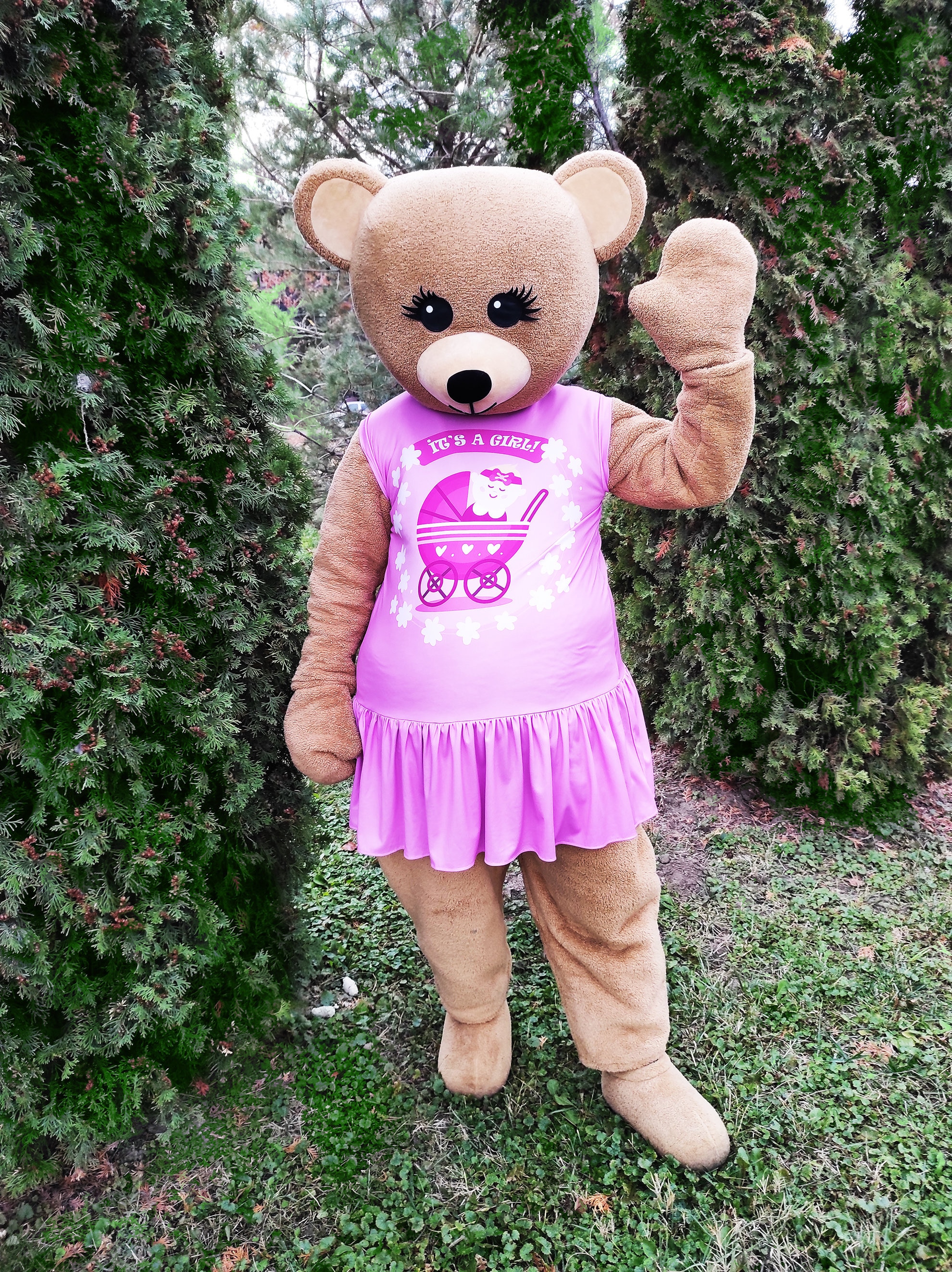 Girl in teddy bear deals suit
