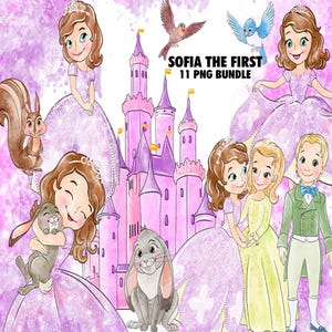 Peut inclure: Illustration numérique avec des personnages de "Sofia the First". L'image comprend Sofia dans une robe violette, un château rose, des oiseaux et divers compagnons animaux. Le texte indique "Sofia the First 11 PNG Bundle."