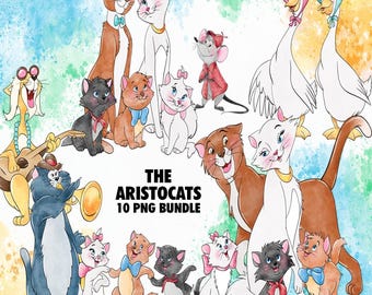The Aristocats Clipart PNG Bundle, Watercolor Hand Drawn Illustrations, Digital Download