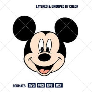 Puede incluir: Ilustración de dibujos animados de la cara de Mickey Mouse, con orejas negras, cara color beige y expresión sonriente. Incluye el texto "LAYERED & GROUPED BY COLOR" y "FORMATS: SVG PNG EPS DXF".