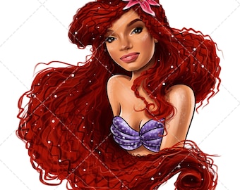 Puede incluir: Ilustración de una mujer con largo cabello rojo y un top de concha púrpura. Una flor rosa adorna su cabello. La obra de arte tiene un estilo de dibujos animados con un fondo blanco y un patrón de diamantes.