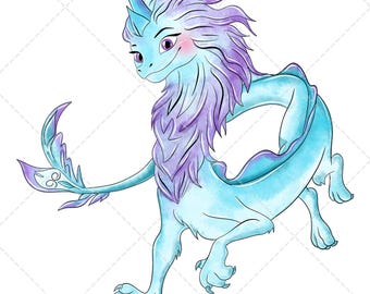 Puede incluir: Ilustración en acuarela de un dragón azul y morado con cuerno, melena fluida y cuerpo largo y serpentino. El dragón tiene una expresión amigable sobre un fondo blanco.