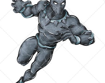 Puede incluir: Ilustración del superhéroe Black Panther en una pose dinámica. El personaje está representado con un traje negro y gris con máscara, collar y brazaletes. La obra de arte tiene un estilo de cómic sobre fondo blanco.