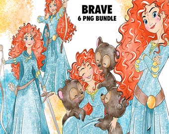Merida Brave Clipart PNG Bundle, Watercolor Hand Drawn Illustrations, Digital Download