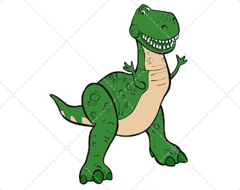 Puede incluir: Ilustración de dibujos animados de un dinosaurio Tiranosaurio Rex verde con vientre beige y dientes blancos. La imagen incluye el texto "LAYERED & GROUPED BY COLOR" y "FORMATS: SVG PNG EPS DXF".