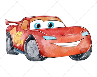Clipart de Rayo McQueen PNG, Ilustración dibujada a mano en acuarela, Descarga digital, Autos