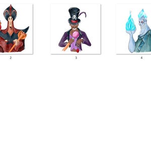 K&ouml;nnte beinhalten: Aquarellillustrationen von Disney-B&ouml;sewichten, darunter Captain Hook in rotem Mantel und Hut, Dschafar mit einem Stab, Dr. Facilier mit Zylinder, Hades mit blauen Flammen und Gaston in rotem Hemd.