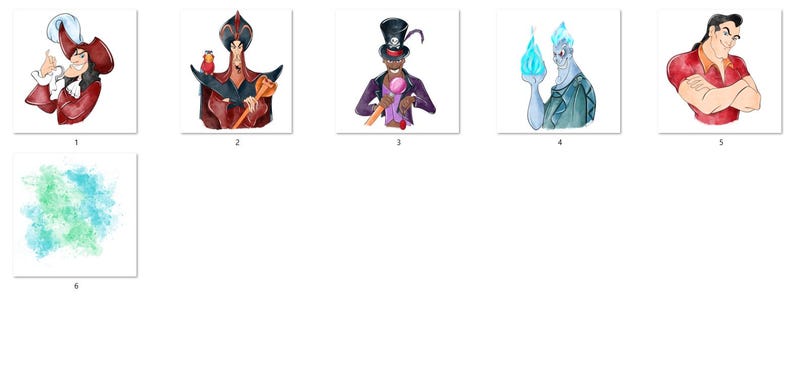 K&ouml;nnte beinhalten: Aquarellillustrationen von Disney-B&ouml;sewichten, darunter Captain Hook in rotem Mantel und Hut, Dschafar mit einem Stab, Dr. Facilier mit Zylinder, Hades mit blauen Flammen und Gaston in rotem Hemd.