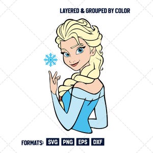 May include: A cartoon illustration of a woman with blonde hair, blue eyes, and a light blue dress. She is holding a blue snowflake. The text "LAYERED & GROUPED BY COLOR" is at the top. The formats are SVG, PNG, EPS, and DXF.
